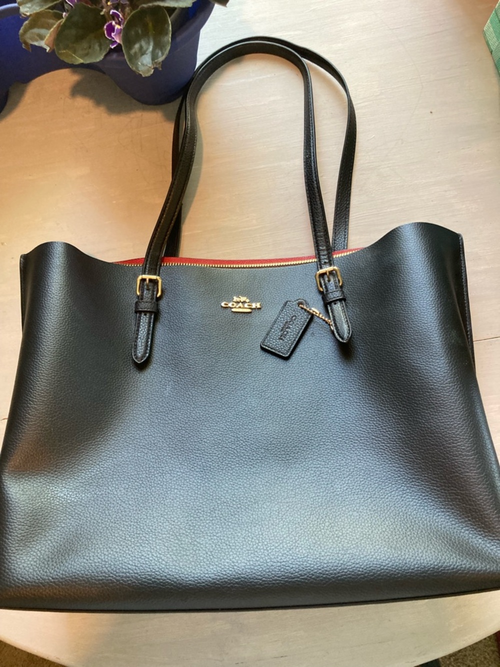 Coach Black Leather Tote with Red Interior and Gold Hardware - Picture 7 of 9